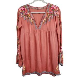 Johnny Was Coral Embroidered Boho Peasant Floral Blouse Women's Size XS